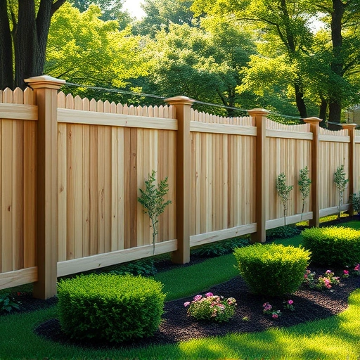 Sturdy wooden fence in Sevierville TN blends with lush greenery and a vibrant garden, showcasing expert craftsmanship.