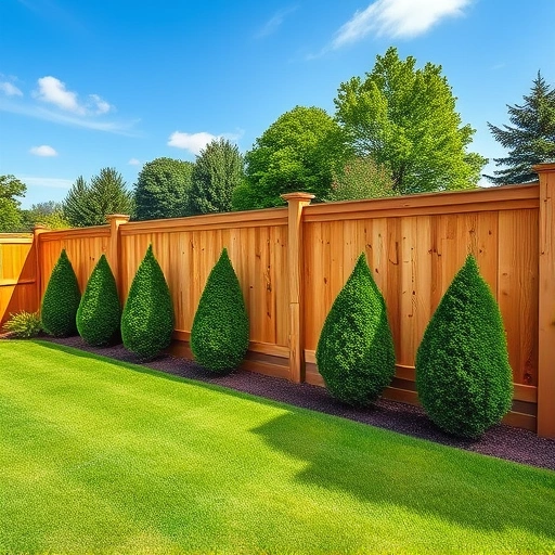 Beautiful wooden fence in Harriman TN, surrounded by green grass and hedges under a clear blue sky.
