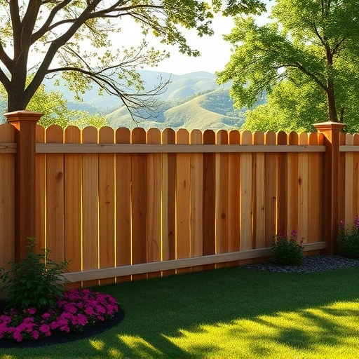 Completed wooden fence installation in Maryville TN with lush grass, vibrant flowers, and scenic rolling hills.