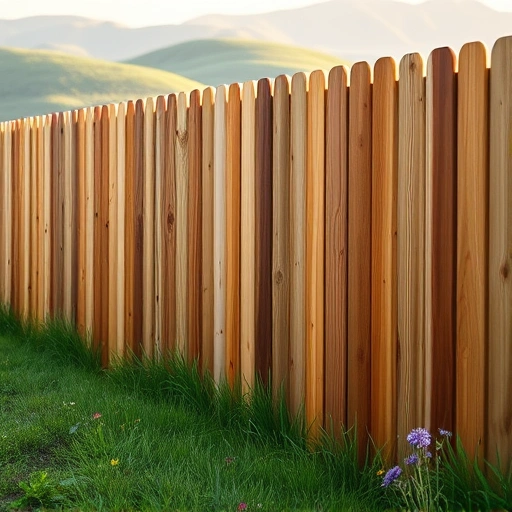Completed wood fence installation in Lenoir City TN surrounded by green grass and wildflowers under soft sunlight.