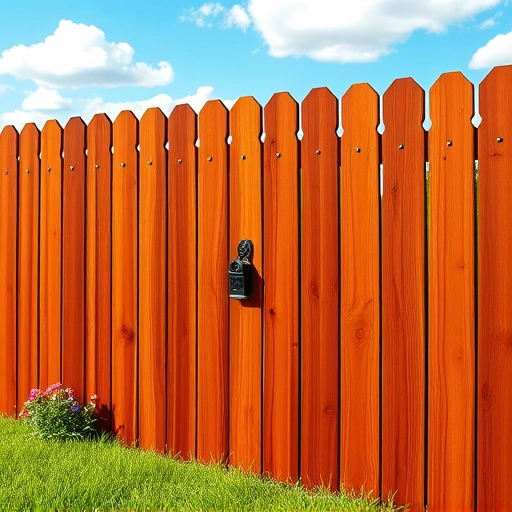 Redwood fence installation in Knoxville TN features warm tones, lush grass, flowers, and a clear blue sky backdrop.