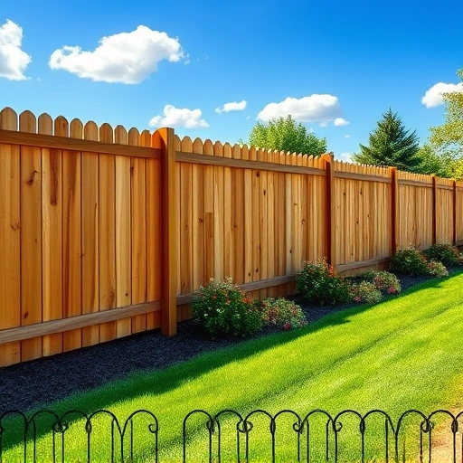 Beautiful wooden fence installation in Kingsport TN with lush lawn, shrubs, flowers, and clear blue sky backdrop.