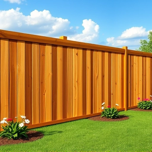 Completed wooden fence in Kingston TN, showcasing rich grains and smooth finish amidst lush greenery and blue sky.
