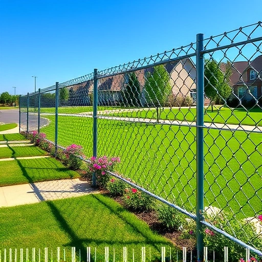 Completed chain-link fence installation in Knoxville TN, showcasing craftsmanship, lush lawn, and serene neighborhood.