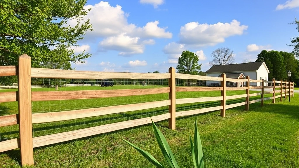 Fencing in Andersonville, TN with a clear blue sky and green grass in the background.