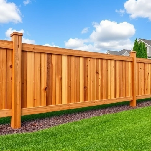 Completed wooden fence post installation in Knoxville TN with vibrant lawn, blue sky, and residential neighborhood backdrop.