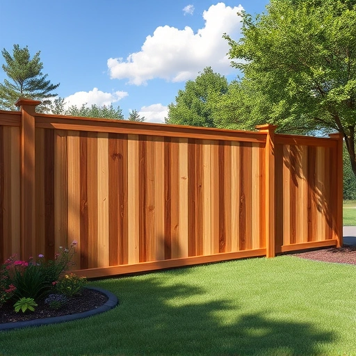 Horizontal wood fence installation in Knoxville TN surrounded by greenery and flowers under a clear blue sky.