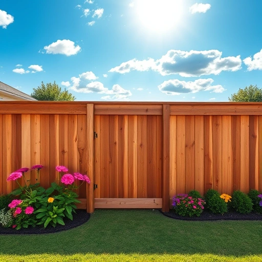 Beautiful cedar fence in Blaine TN, enclosing a lush green yard with flowers and shrubs under a sunny blue sky.