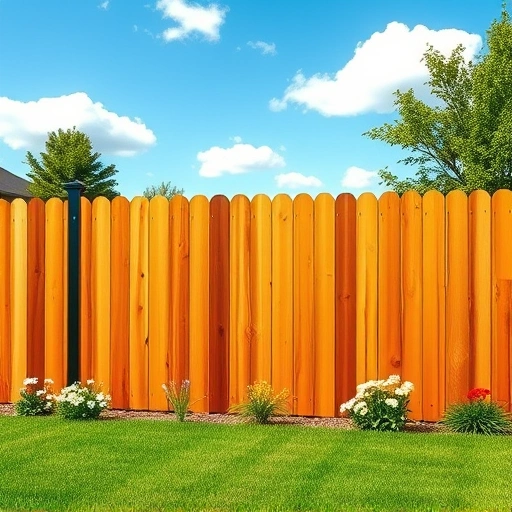 Completed wooden fence installation in Mascot TN with vibrant grass, flowers, and a clear blue sky backdrop.