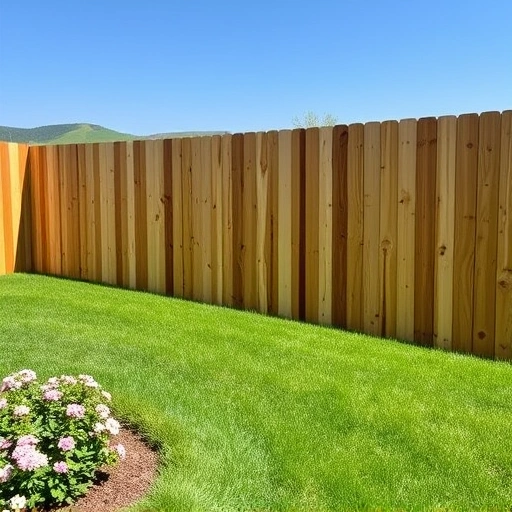 Completed wooden fence installation in Friendsville TN with cedar wood, green grass, flowers, and serene hills.