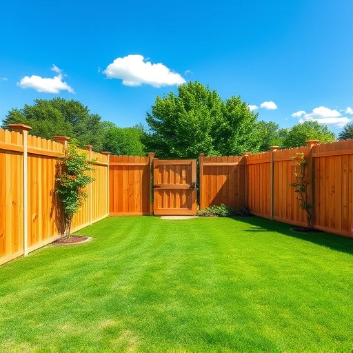 Wooden fence surrounds a lush green yard in Knoxville TN with smooth cedar boards and clear blue sky.