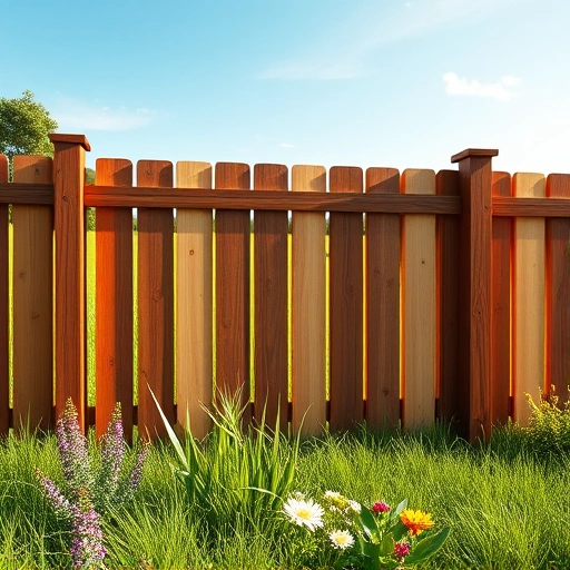 Beautiful wooden fence installation in Newport TN, framed by green grass and wildflowers under a clear blue sky.