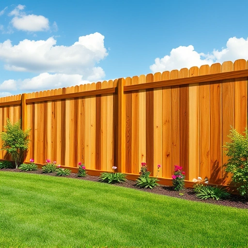Completed wood fence installation in Jefferson City TN with rich wood tones and vibrant landscaping under a blue sky.