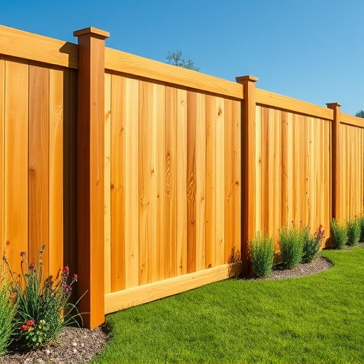 Completed wooden privacy fence in Halls TN with polished slats, lush lawn, vibrant flowers, and clear blue sky.