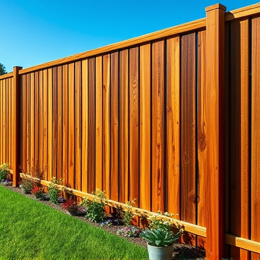 Completed Shadowbox Fence Installation in Knoxville TN with rich stained wood slats and lush green lawn backdrop.
