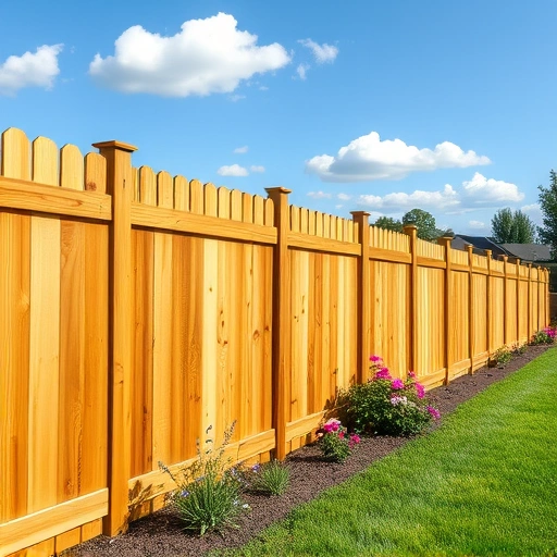 Wood fence installation in Friendsville TN with warm-toned planks, manicured lawn, and vibrant garden flowers.