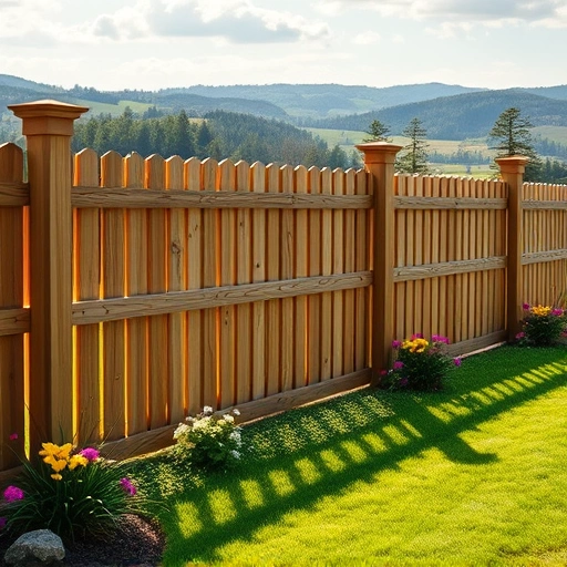 Completed wooden fence installation in Dandridge TN surrounded by lush grass and vibrant flowers under soft sunlight.
