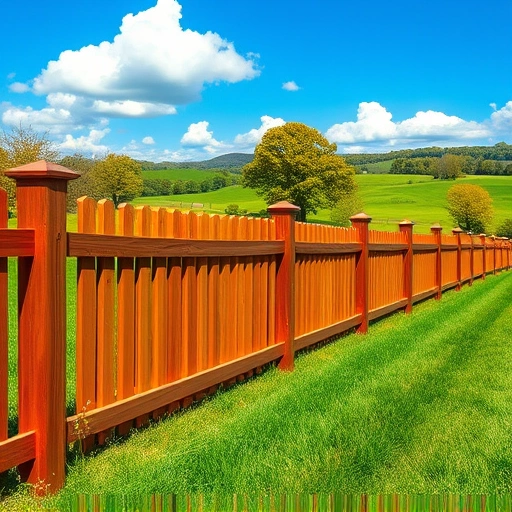 New wooden fence in Knoxville TN, made of cedar, complements lush fields and rolling hills under a blue sky.