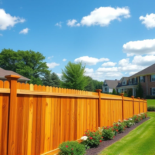 Completed wooden fence installation in Lenoir City TN, surrounded by a vibrant garden and clear blue sky.