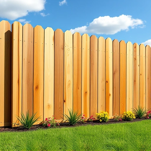 Freshly sealed wooden fence in Knoxville TN with glossy finish, vibrant lawn, and clear blue sky background.