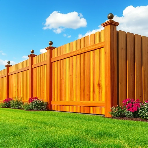 Beautiful wooden fence installation in Halls TN with vibrant lawn and colorful flowers against a clear blue sky.
