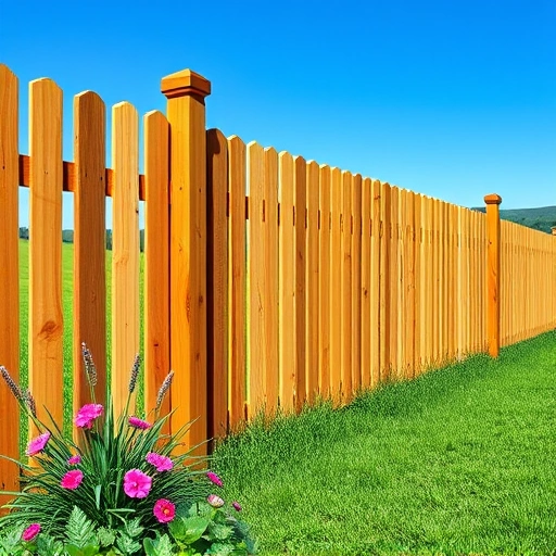 Cedar wood fence installation in Midway TN, showcasing craftsmanship with lush grass and vibrant flowers nearby.