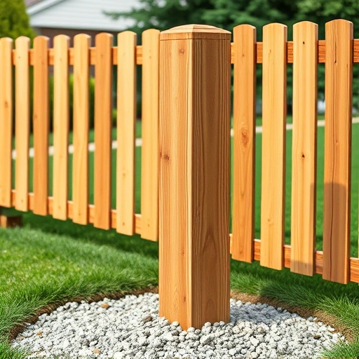 Freshly installed wooden fence post in Knoxville TN, showcasing craftsmanship with gravel base and aligned panels.