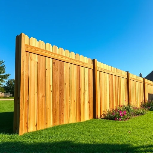 Completed Board-On-Board fence in Knoxville TN, showcasing wooden planks, lush lawn, flowers, and clear blue sky.