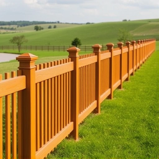 A completed wooden fence in Knoxville TN stands tall against a lush lawn and rolling hills under soft sunlight.