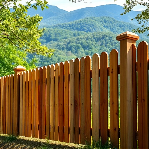 Beautiful wooden fence in Gatlinburg TN with Smoky Mountains backdrop and natural sunlight highlighting craftsmanship.