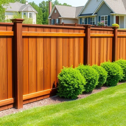 Beautiful wooden fence installation in Caryville TN, surrounded by lush grass and trimmed hedges in a sunny setting.