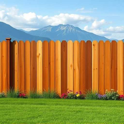 Completed wooden privacy fence in Gatlinburg TN with lush grass and Smoky Mountains in the background.