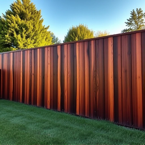 Freshly stained wooden fence in Knoxville TN, showcasing rich color and detailed craftsmanship against a lush landscape.