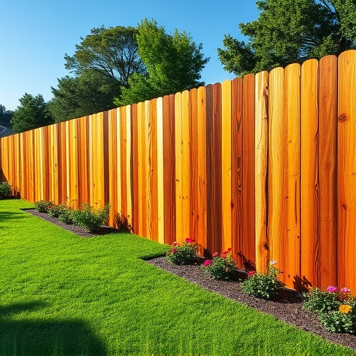 Perfectly installed wooden fence in Norris TN with rich tones, vibrant flowers, and lush greenery under a clear sky.