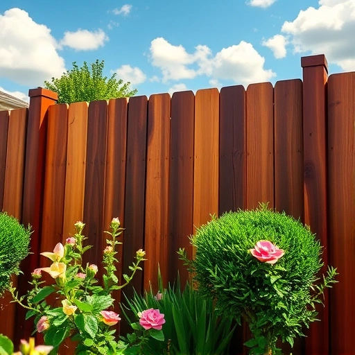 Freshly stained mahogany and walnut fence in Knoxville TN, surrounded by vibrant garden and clear blue sky.