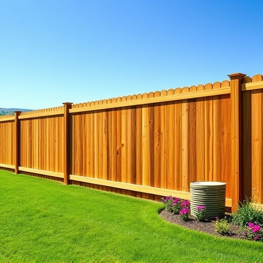 Completed wooden fence installation in Rutledge TN with natural wood grain, lush grass, flower beds, and serene hills.