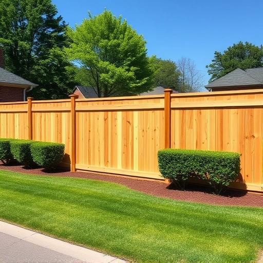 Completed wood fence installation in Jacksboro TN, showcasing a manicured yard with vibrant grass and healthy trees.