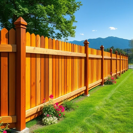 Beautiful wooden fence installation in Sevierville TN, set in lush greenery with vibrant flowers and Smoky Mountains.