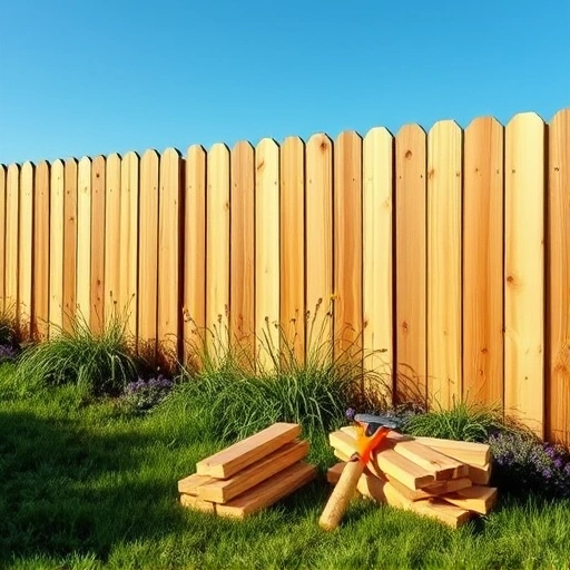 Completed wooden fence installation in Mascot TN with polished surfaces, lush grass, and vibrant wildflowers.