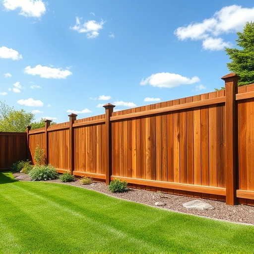 Beautiful wooden fence in Halls TN, rich mahogany stain, lush backyard, vibrant garden, sunny day, polished landscape.