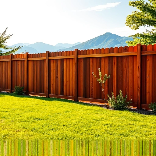 Completed wooden fence in Pigeon Forge TN with mahogany finish against Smoky Mountains and vibrant lawn.