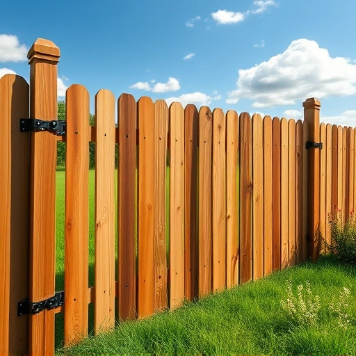 Wooden fence in Knoxville TN made of cedar, with polished boards and a natural finish, surrounded by green lawn and blue sky.