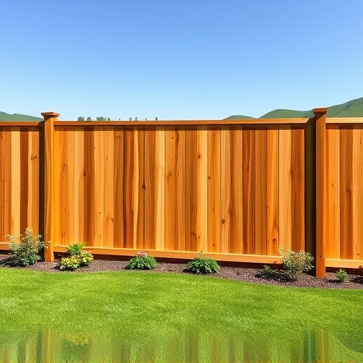 Completed cedar wood fence installation in Maryville TN, surrounded by green lawn and colorful flowers under blue sky.