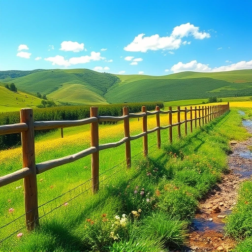 Wooden fence along a slope in Knoxville TN with lush hills, wildflowers, and a sparkling creek under a clear blue sky.