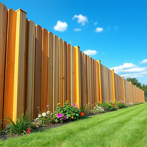 Completed wooden fencing in Knoxville TN with clean lines, vibrant grass, flowers, and a clear blue sky.