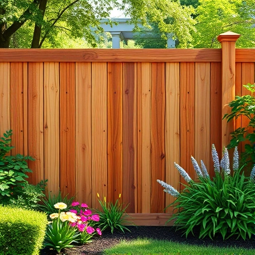 Completed Redwood Fence Installation in Knoxville TN with rich tones, intricate grain, and lush garden backdrop.