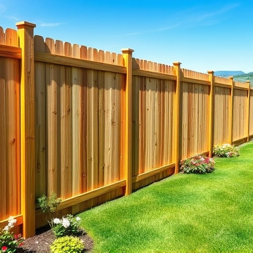 Completed wooden fence in Maynardville TN, featuring natural wood grain, lush grass, and blooming flower beds.