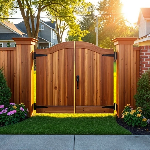 Beautifully crafted wooden gate installation in Knoxville TN with vibrant flowers and a manicured lawn. Serene neighborhood backdrop.