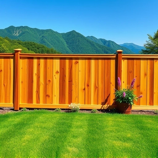 Completed wood and vinyl fencing in Gatlinburg TN with lush grass, flowers, and Smoky Mountains in the background.