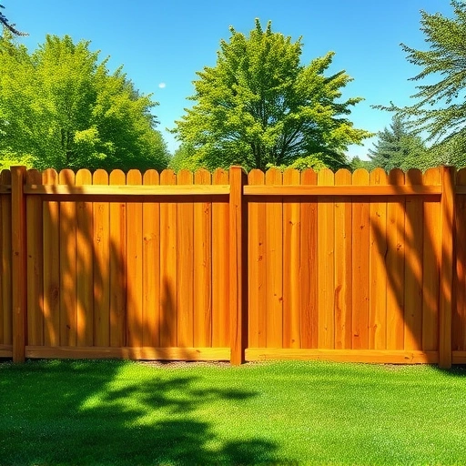 Beautifully treated cedar fence in Knoxville, TN, surrounded by lush lawn and trees under a clear blue sky.